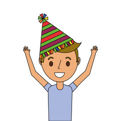 portrait happy young boy with party hat arms up vector illustration