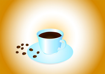 A cup of coffee on a saucer with scattered coffee beans, against the background of 