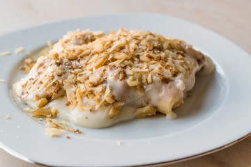 Turkish Muhallebi Pudding with Walnut, Banana and Ladyfinger Biscuits
