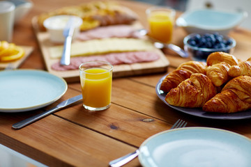 plate of croissants on wooden table at breakfast