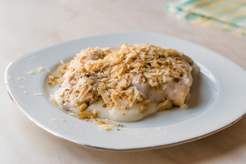 Turkish Muhallebi Pudding with Walnut, Banana and Ladyfinger Biscuits