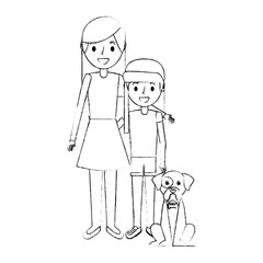 mom embracing with her daughter and dog vector illustration