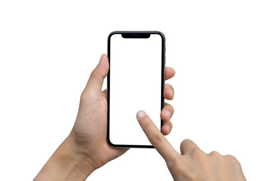 Man's hand shows mobile smartphone with white screen in vertical position isolated on white background