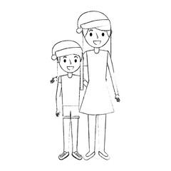 mom embracing her daughter wearing christmas hat vector illustration sketch