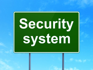 Security concept: Security System on green road highway sign, clear blue sky background, 3D rendering