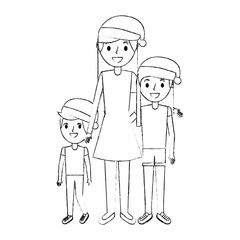 Fototapeta na wymiar family mom and their kids with christmas hat vector illustration sketch