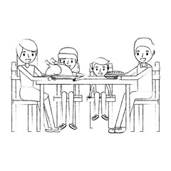 family smiling gathe sitting for dinner vector illustration sketch
