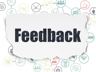 Business concept: Painted black text Feedback on Torn Paper background with Scheme Of Hand Drawn Business Icons
