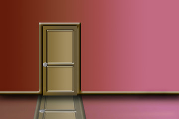 Pared de color roja con puerta de madera.