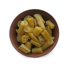 Bowl with canned green beans on white background