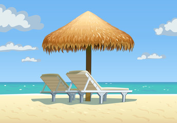 Ocean beach with umbrella and bed. Vector illustration.