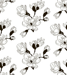 Vector Black Seamless Pattern with Drawn Cherry Flowers
