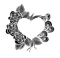 Decorative love frame composition with hearts, flowers, ornate elements in doodle style. Floral, ornate, decorative, tribal design elements. Black and white background. Zentangle coloring book page