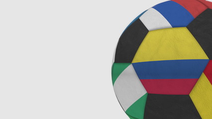 Football ball featuring different national teams accents flag of Colombia. 3D rendering