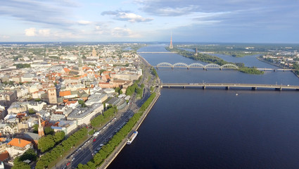 Aerial view of Riga skyline at sunset, Latvia