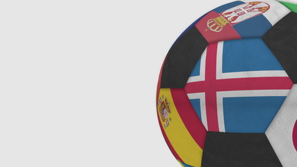 Football ball featuring different national teams accents flag of Iceland. 3D rendering