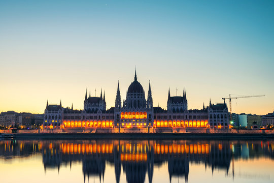 Morning view of illuminated Parliament building in Budapest, Hungary