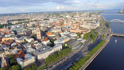 Fototapeta na wymiar Aerial view of Riga at summer sunset, Latvia