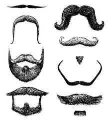 Set of mustache and funny beard of men, hipster and retro barber or hairdresser on transparent background. engraved hand drawn in old sketch, vintage style for packaging and signage.