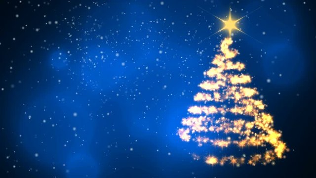  Loopable animation — Christmas Tree Blue Background - Merry Christmas and Happy New Year. The tree rotating and snowgoing.