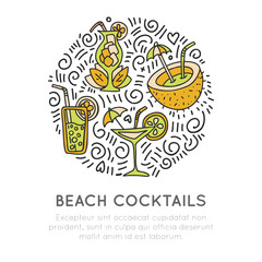 Tropical beach cocktails icon concept. Coconut coctail, sweet juice cocktail and martini glass in round form with decoration. Beach summer icon illustration. Good for traveling banner, site