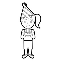 young girl with party hat holding birthday cake vector illustration