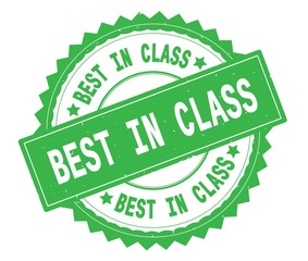 BEST IN CLASS green text round stamp, with zig zag border.