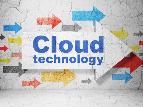 Cloud technology concept:  arrow with Cloud Technology on grunge textured concrete wall background, 3D rendering