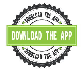 DOWNLOAD THE APP text on grey and green round stamp, with zig za