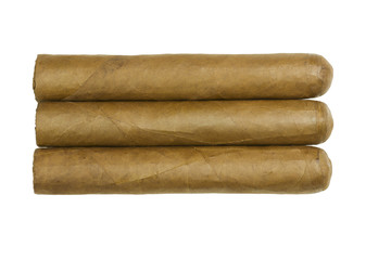 Set of three Cuban luxury cigars rolled from tobacco leaves isolated on background