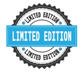 LIMITED EDITION text on grey and cyan round stamp, with zig zag