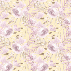 Pale pink roses and peonies with gray leaves on yellow background. Seamless pattern. Romantic garden flowers illustration. Faded colors.