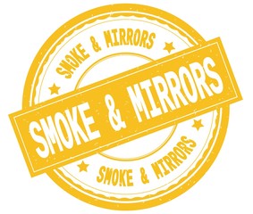 SMOKE  AND  MIRRORS , written text on yellow round rubber stamp.