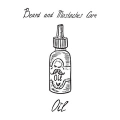 Beard and mustaches care oil bottle with inscription, hand drawn doodle sketch, isolated vector illustration