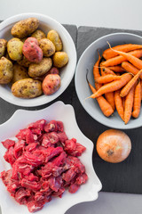 Raw beef meat on a white plate