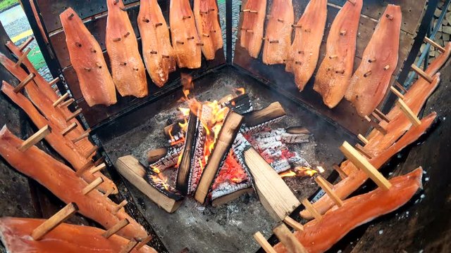 Flammlachs oder Feuerlachs, finnische Tradition, Lachsfilets, Buchenfeuer, Leumulohi, Lachsfisch, Salmo salar, 4K 