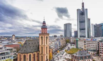 FRANKFURT, GERMANY - OCTOBER 31, 2013: Aerial view of main square at dusk. Frankfurt attracts 5 million visitors every year