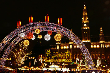 Merry Christmas in Vienna Christmas market with all the lights on