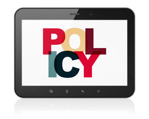 Insurance concept: Tablet Computer with Painted multicolor text Policy on display, 3D rendering