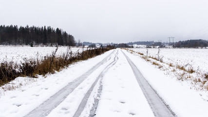 Winter road through snow fields