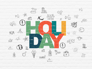 Tourism concept: Painted multicolor text Holiday on White Brick wall background with  Hand Drawn Vacation Icons