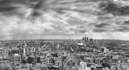 Eastern side of London, aerial panoramic view at dusk