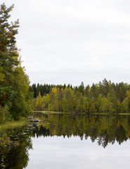 Fototapeta na wymiar Autumn view in Finland. Calm waters with reflections from the forest.
