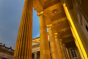 Detail view of pillars at the Capitolio Nacional in Bogota