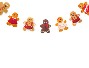 Delicious different Christmas cookies on white background. Poster concept. Empty place for text.