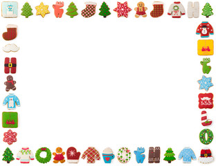 Fototapeta na wymiar Delicious different Christmas cookies on white background. Poster concept. Empty place for text.