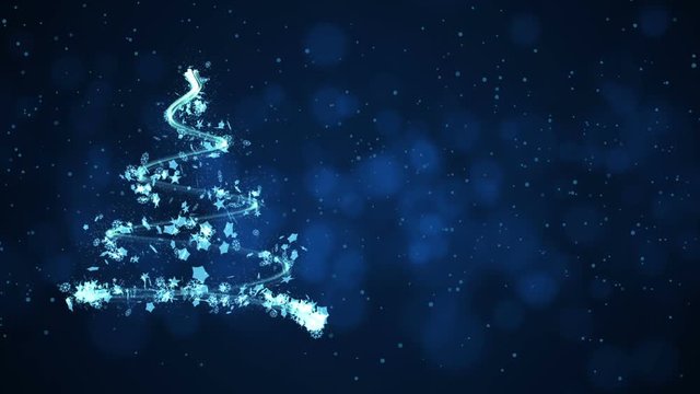 Elegant Christmas Tree made by Blue Sparkling Glitters, Snowflakes and Stars. Xmas motion background. 3d render Full HD video footage
