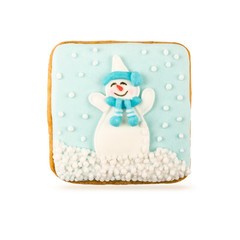 Delicious single Christmas cookie on white background. Poster concept.