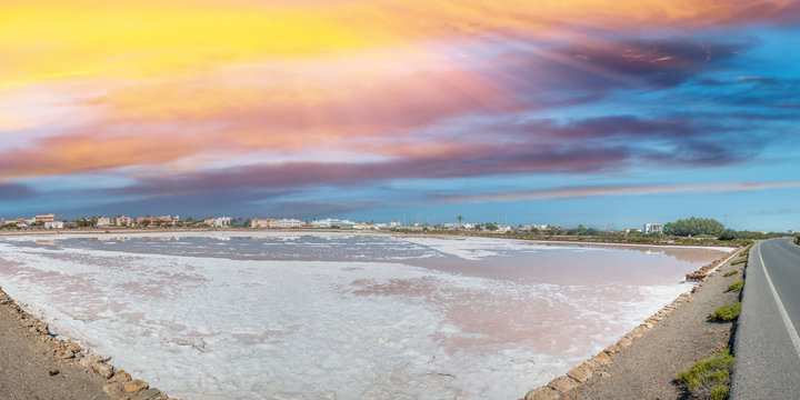 Ses Salines Formentera colorful saltworks horizon in Balearic islands