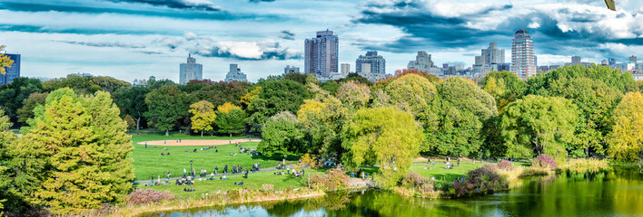 Airplanes flying over Central park in New York. Tourism concept